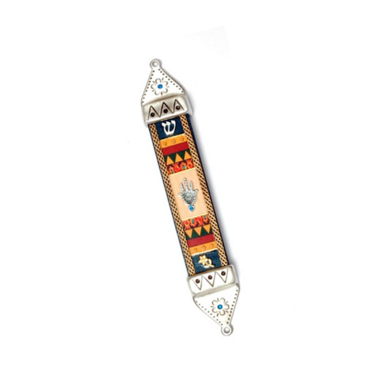 Wood Pewter Mezuzah Hamsa by Ester Shahaf | Mezuzah by Esther Shahaf
