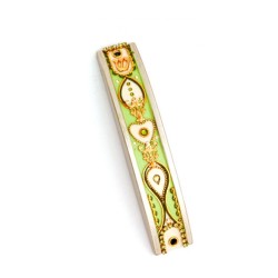 Green and Gold Curved Pewter Mezuzah Est... | Mezuzah by Esther Shahaf