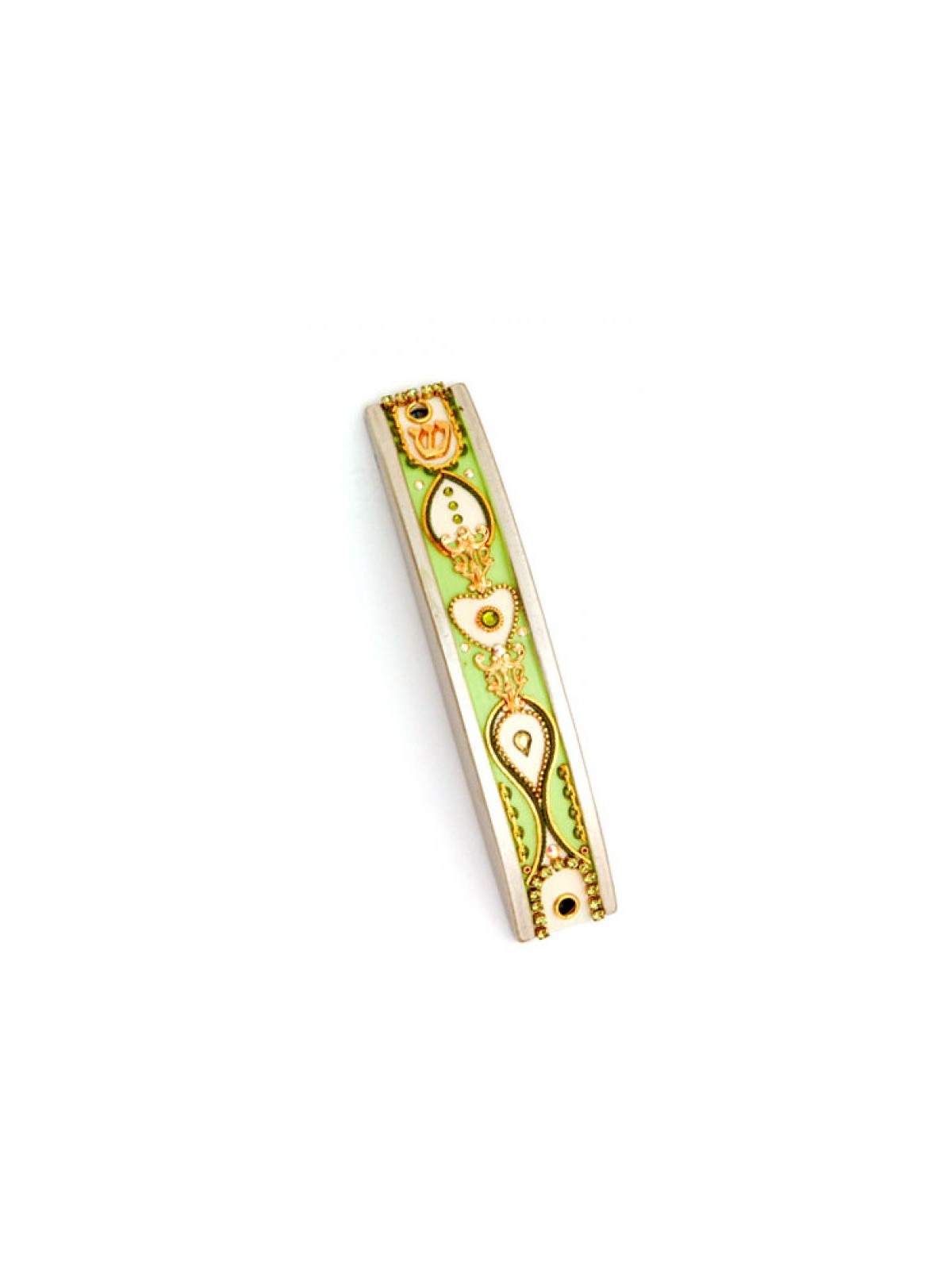 Green and Gold Curved Pewter Mezuzah Est... | Mezuzah by Esther Shahaf