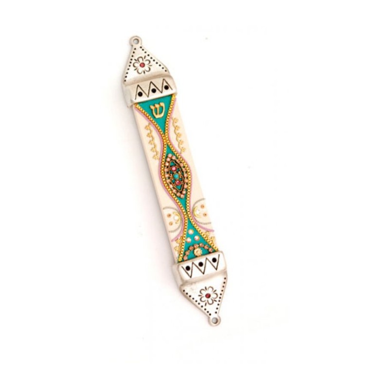 Teal White Pewter Mezuzah by Ester Shahaf | Mezuzah by Esther Shahaf