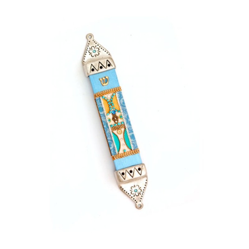 Pewter and Wood Mezuzah Case in Light Bl... | Mezuzah by Esther Shahaf
