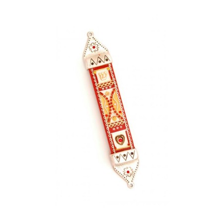 Wood and Pewter Mezuzah Red by Ester Shahaf | Mezuzah by Esther Shahaf