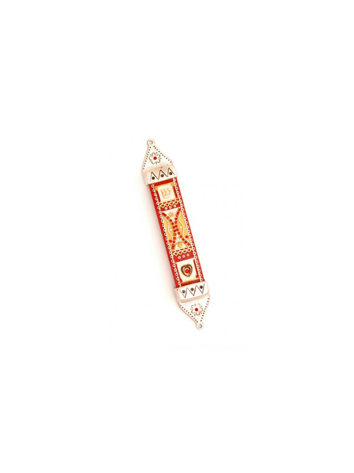 Wood and Pewter Mezuzah Red by Ester Shahaf | Mezuzah by Esther Shahaf