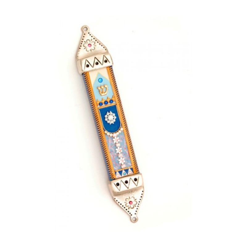 Pewter Mezuzah Case in Blue Purple and O... | Mezuzah by Esther Shahaf