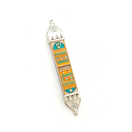 Oriental Orange and Turquoise Mezuzah Ca... | Mezuzah by Esther Shahaf