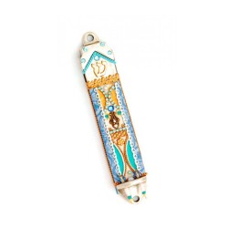 Orange and Blue Decoration Pewter Mezuza... | Mezuzah by Esther Shahaf