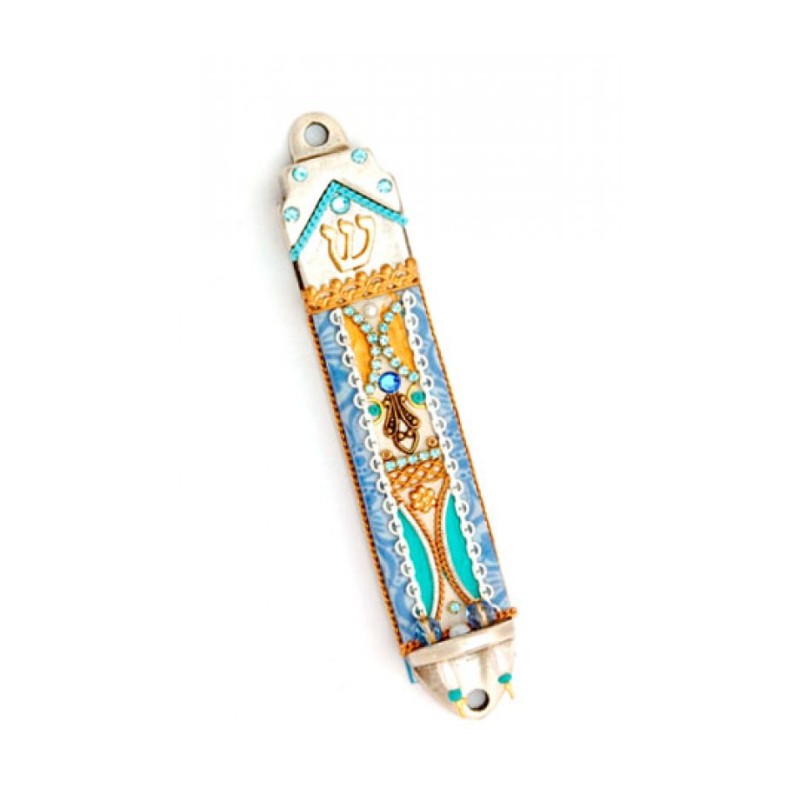 Orange and Blue Decoration Pewter Mezuza... | Mezuzah by Esther Shahaf