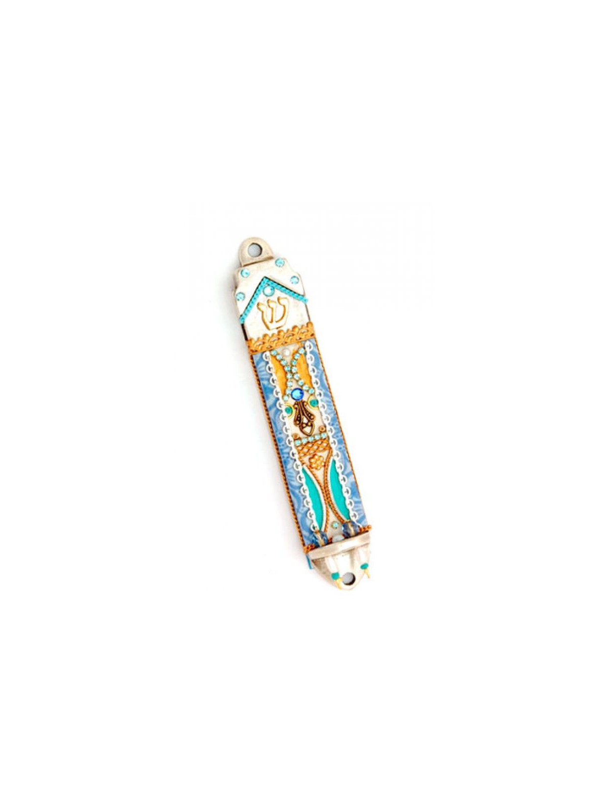 Orange and Blue Decoration Pewter Mezuza... | Mezuzah by Esther Shahaf