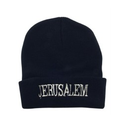 Black Knit Acrylic Cap JERUSALEM on the brow | Israeli Caps