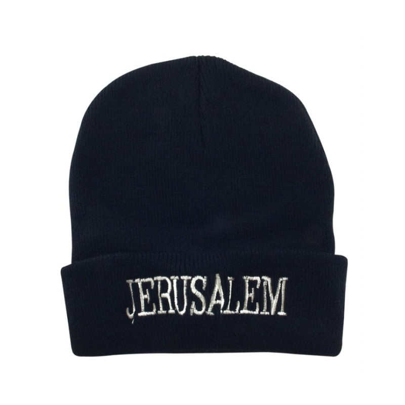Black Knit Acrylic Cap JERUSALEM on the brow | Israeli Caps