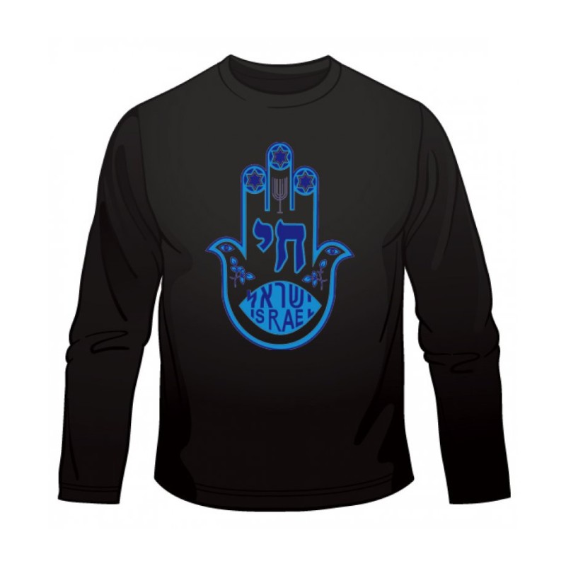 T-shirt à manches longues bleu Hamsa Chai | T-shirts juif