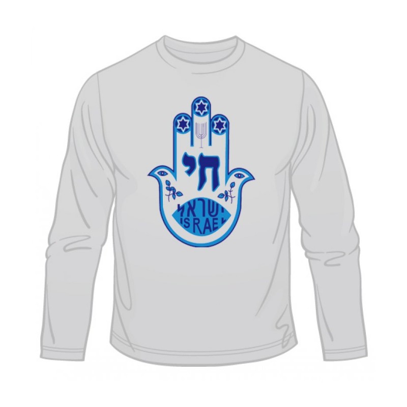 Blue Hamsa Chai Long Sleeve T Shirt | Jewish T-Shirts