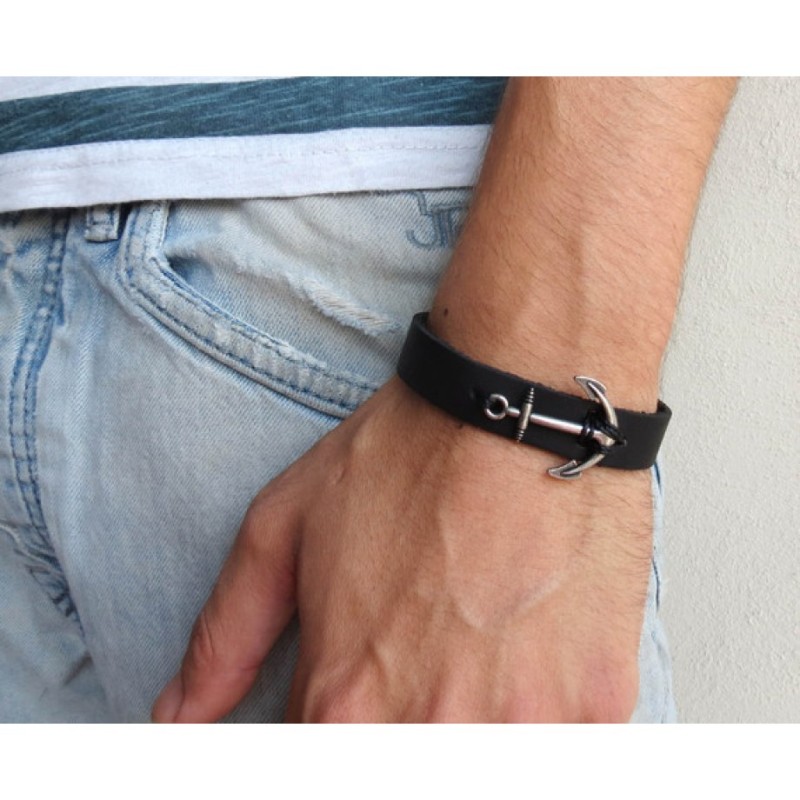 Mens Black Leather Bracelet with Anchor Ele... | *Overstock & Specials