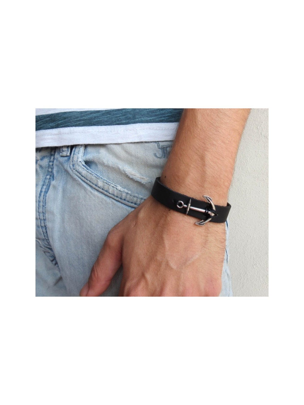 Mens Black Leather Bracelet with Anchor Ele... | *Overstock & Specials