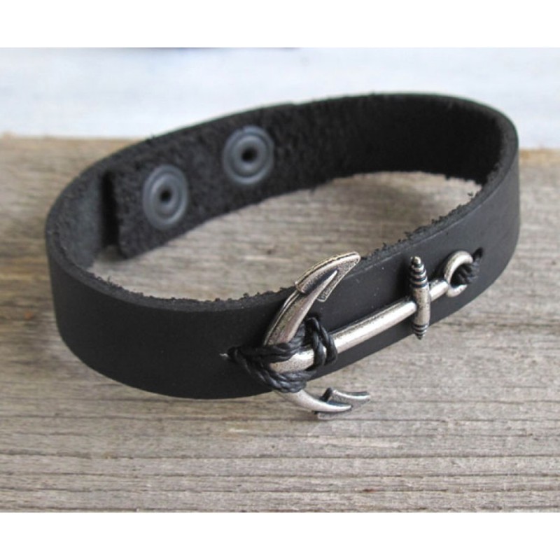 Mens Black Leather Bracelet with Anchor Ele... | *Overstock & Specials